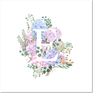 botanical monogram alphabet E hydrangea flowers Posters and Art